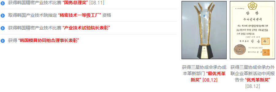 한국 정밀산업기술대회 “국무총리상” 수상 [08.11]. 한국 산업기술시험원 지성 “정밀기술 1등급 공장” 취득. 한국정밀산업 기술대회 “산업기술시험원장 표창” 수상. “한국 금형 협동조합 이사장 표창” 수상.